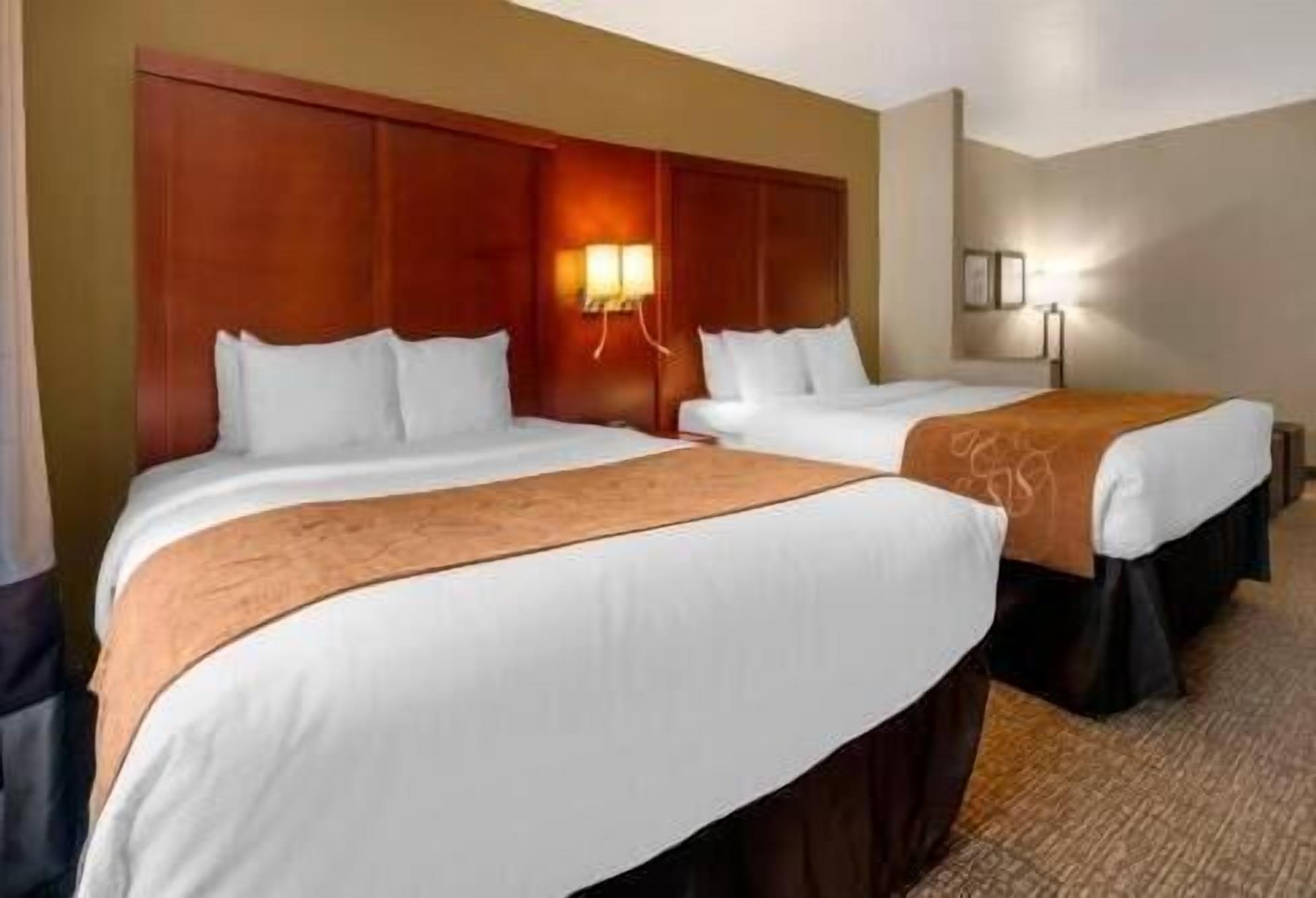 Premium bedding, desk, laptop workspace, blackout drapes