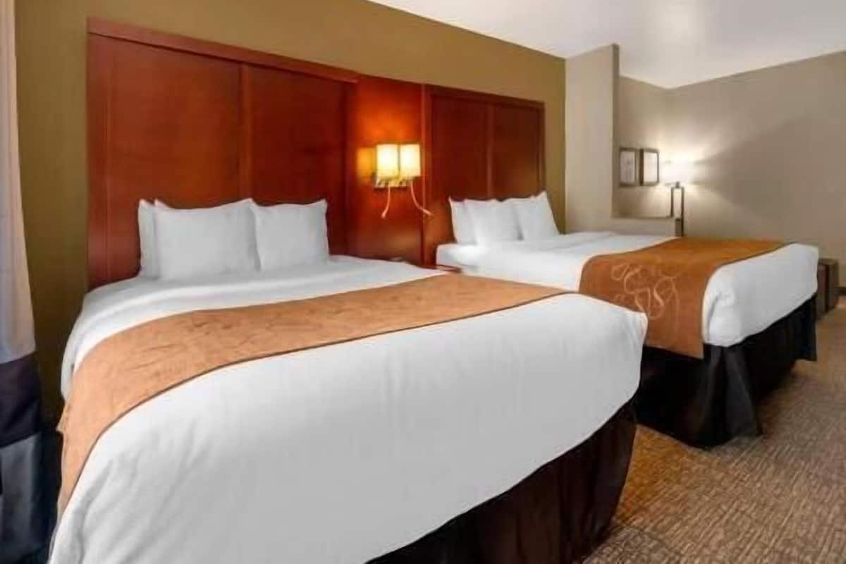 Premium bedding, desk, laptop workspace, blackout drapes