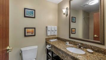A bathroom with a toilet, sink, and large mirror. There are framed pictures on the wall and a towel rack with towels.
