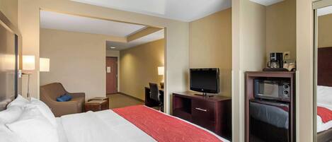 A hotel room with a bed, a television, a microwave, a desk, and a chair.