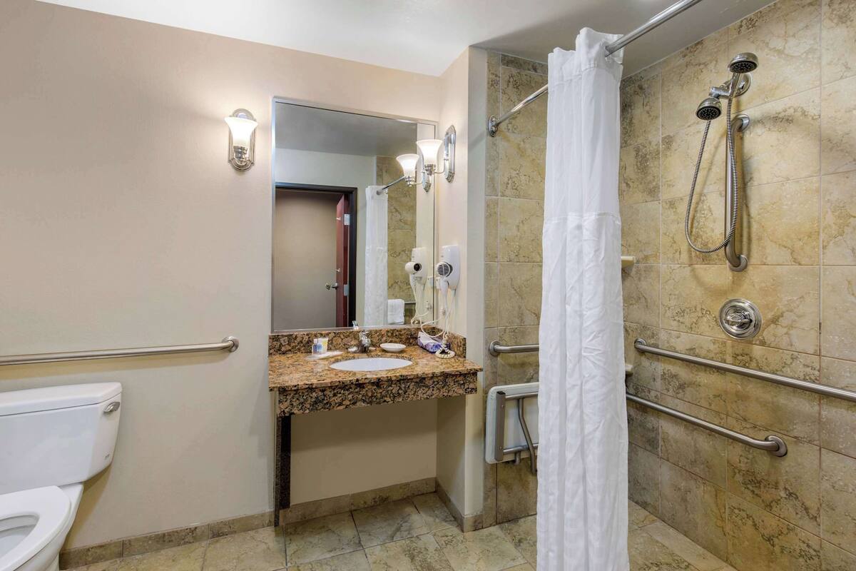 A bathroom with a toilet, sink, mirror, shower with grab bars, and a towel rack.