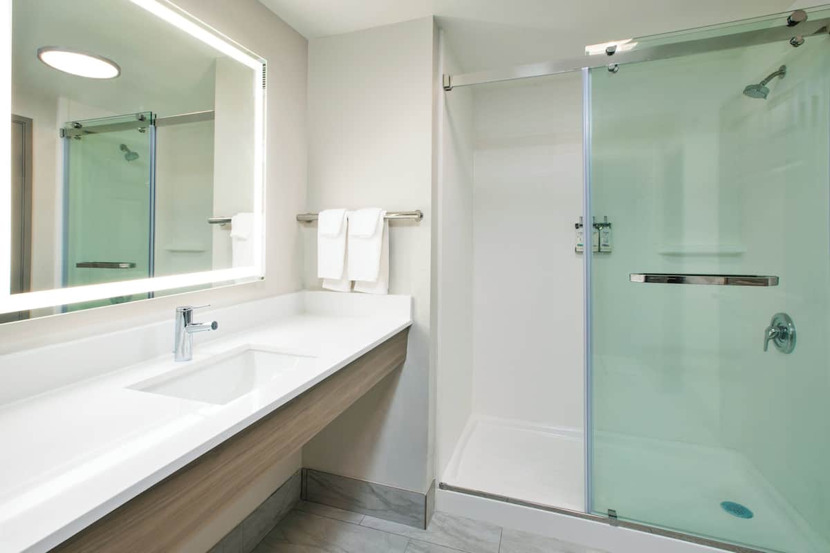 A modern bathroom with a glass-enclosed shower, a large mirror, and a white sink.