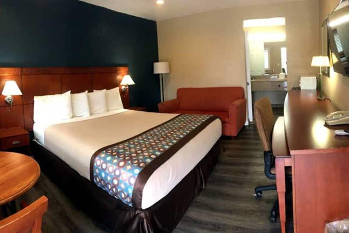 A hotel room with a bed, a desk, a chair, a TV, and a bathroom visible through an open door.