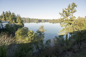 A lake surrounded by trees and a building with a blue roof.