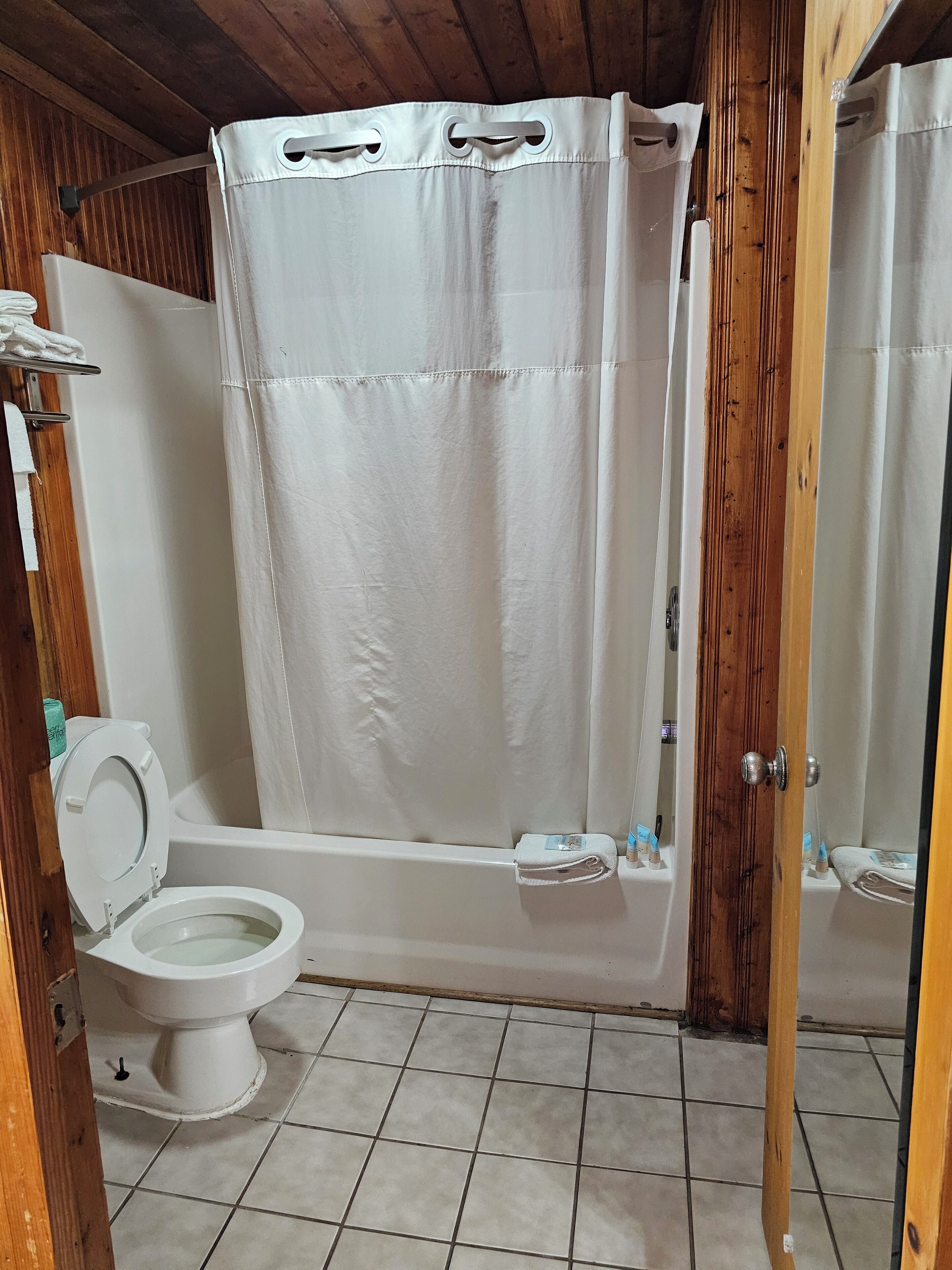 A bathroom with a white toilet, a bathtub, and a shower curtain.