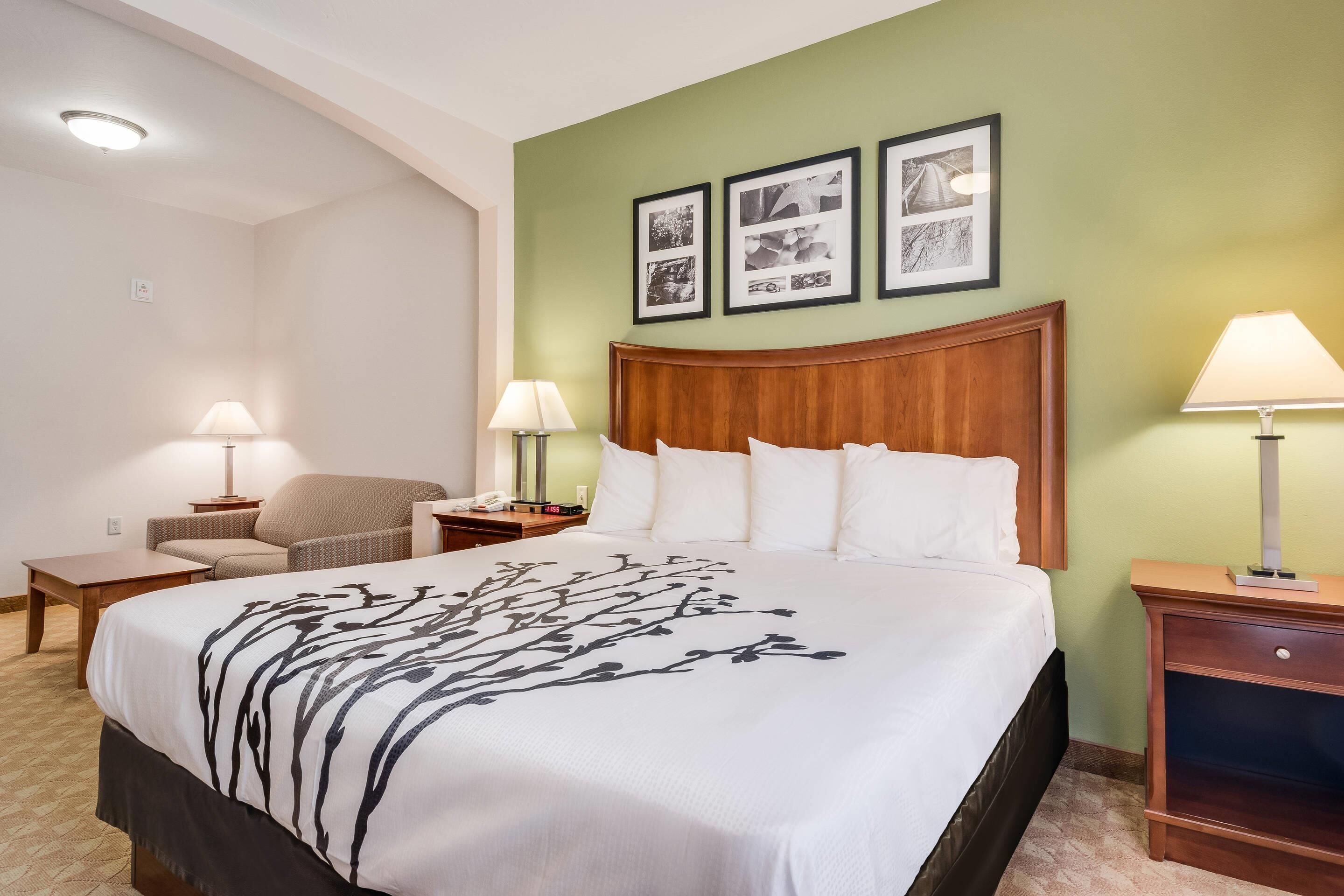 A hotel room with a large bed, two bedside tables, a chair, and a wall with three framed pictures.