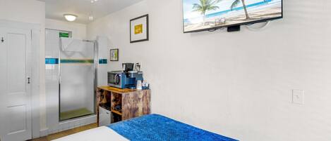 A hotel room with a bed, a ceiling fan, a TV displaying a beach scene, a small desk with a coffee maker, and a door leading to a shower area.
