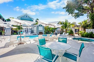 Outdoor pool, pool umbrellas, pool loungers