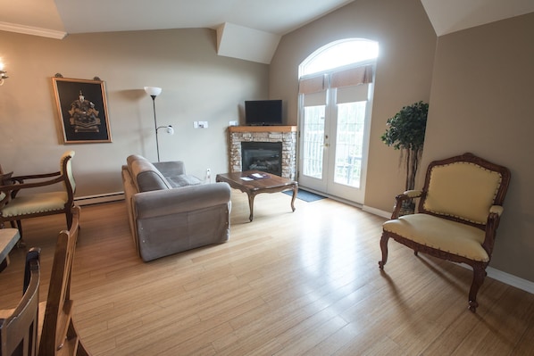 43-inch plasma TV with cable channels, TV, fireplace