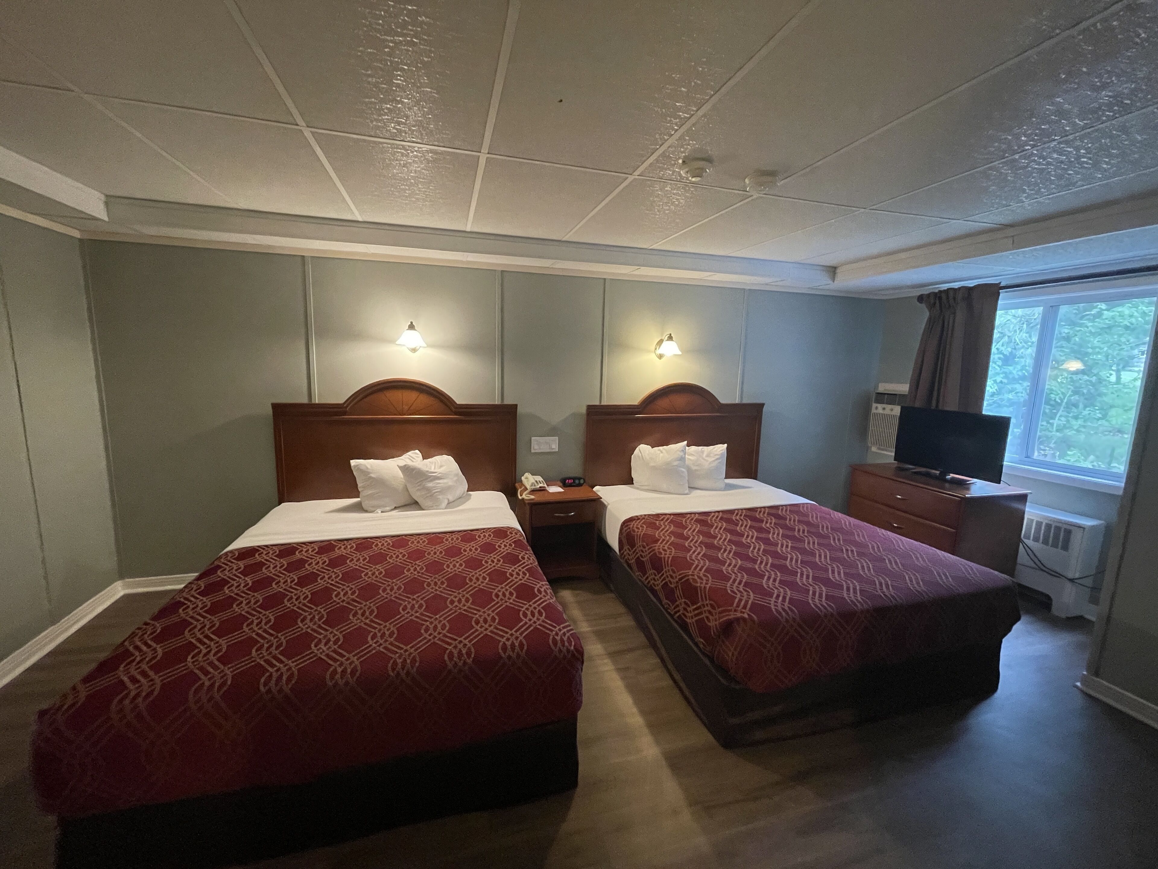 Habitación de hotel con dos camas, un televisor y ventana con vista a árboles.