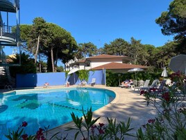Una piscina al aire libre, sombrillas, sillones reclinables de piscina