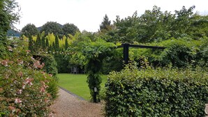 A garden pathway leading to a grassy area with a pergola and dense foliage.