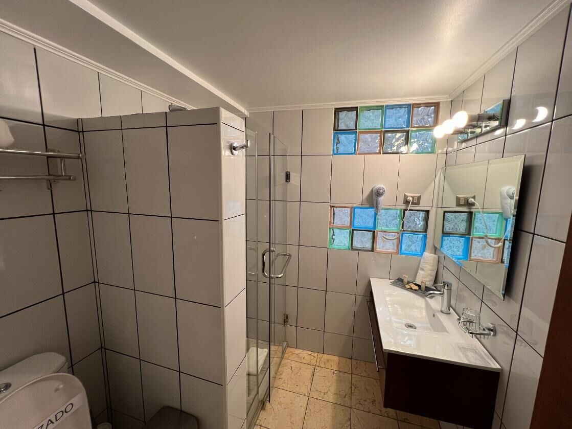 Un baño moderno con ducha, inodoro y lavabo.