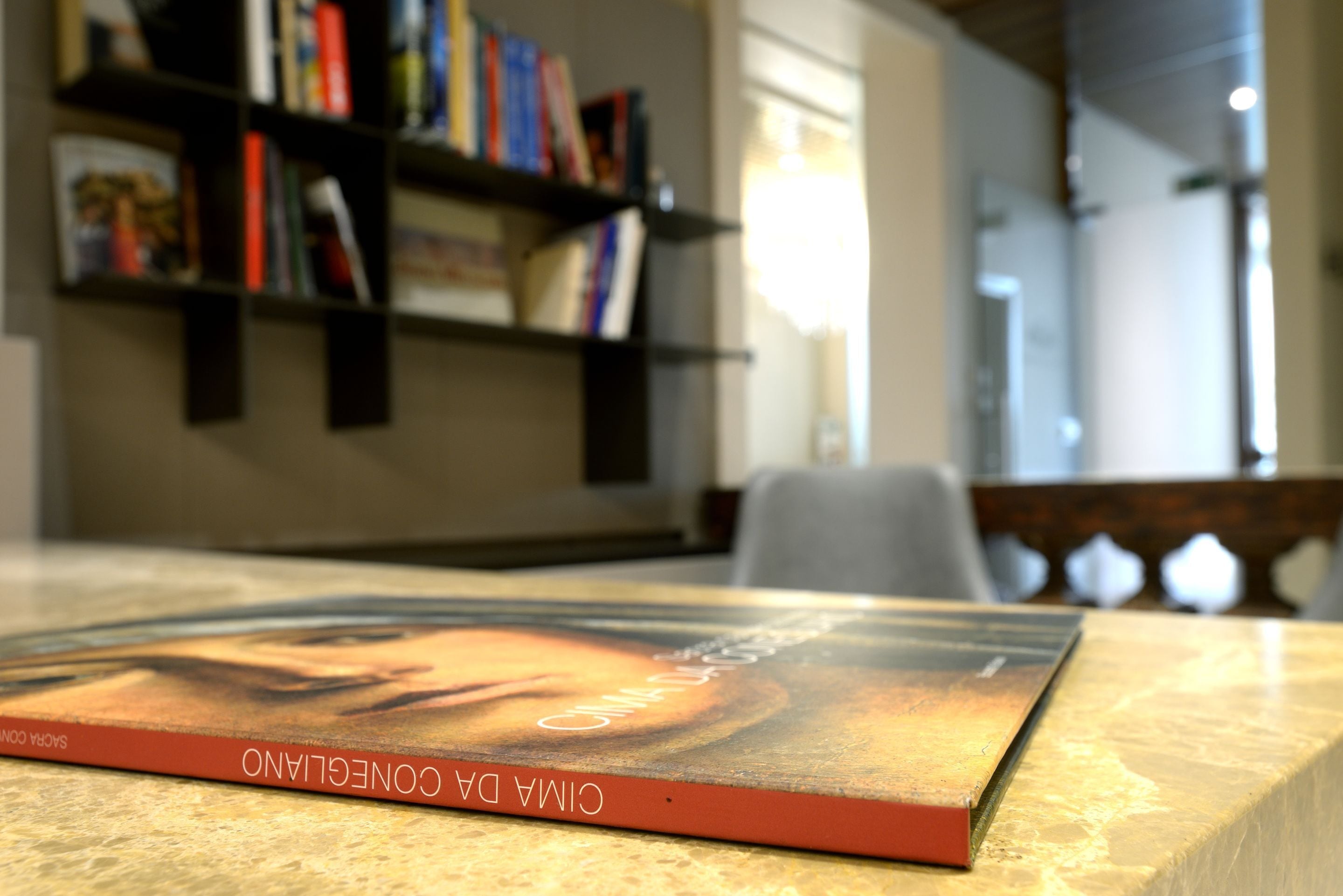 Un livre intitulé « Cima da Concelho » est posé sur une surface en marbre, dans une pièce où l’on aperçoit une bibliothèque en arrière-plan.