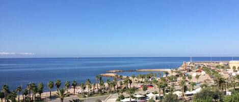 A coastal cityscape with a clear view of the sea, palm trees, and a paved promenade.