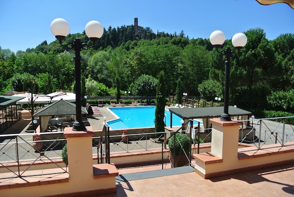 Seasonal outdoor pool, pool umbrellas, pool loungers