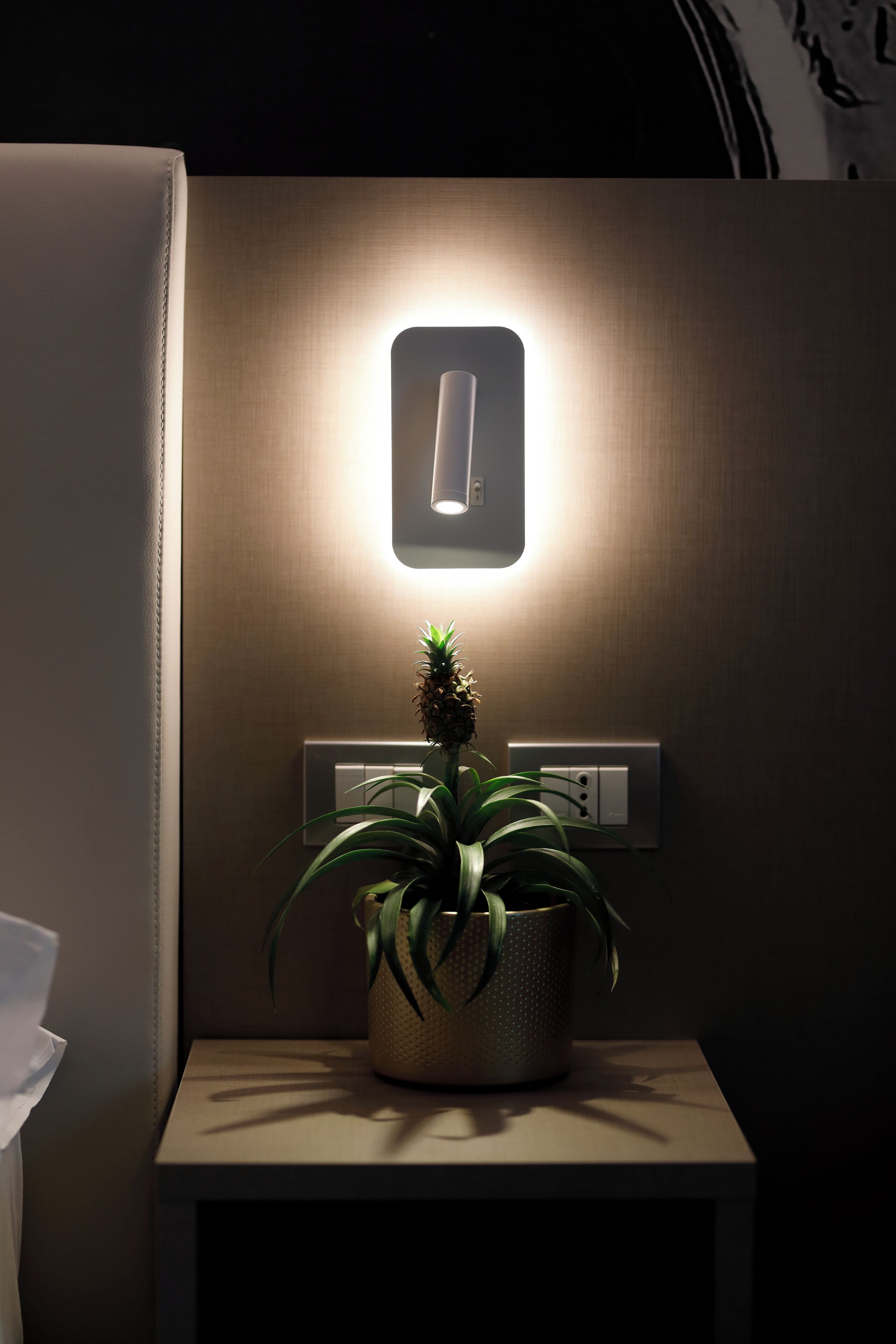 A bedside table with a potted plant, a wall-mounted light, and a power outlet.