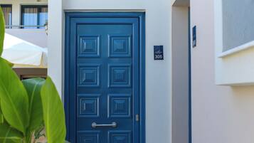 Puerta azul con pomo y placa indicando la habitación 305.
