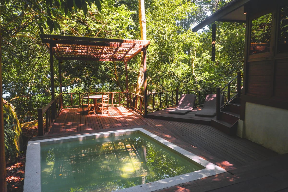 A wooden deck with a pool, surrounded by lush greenery.