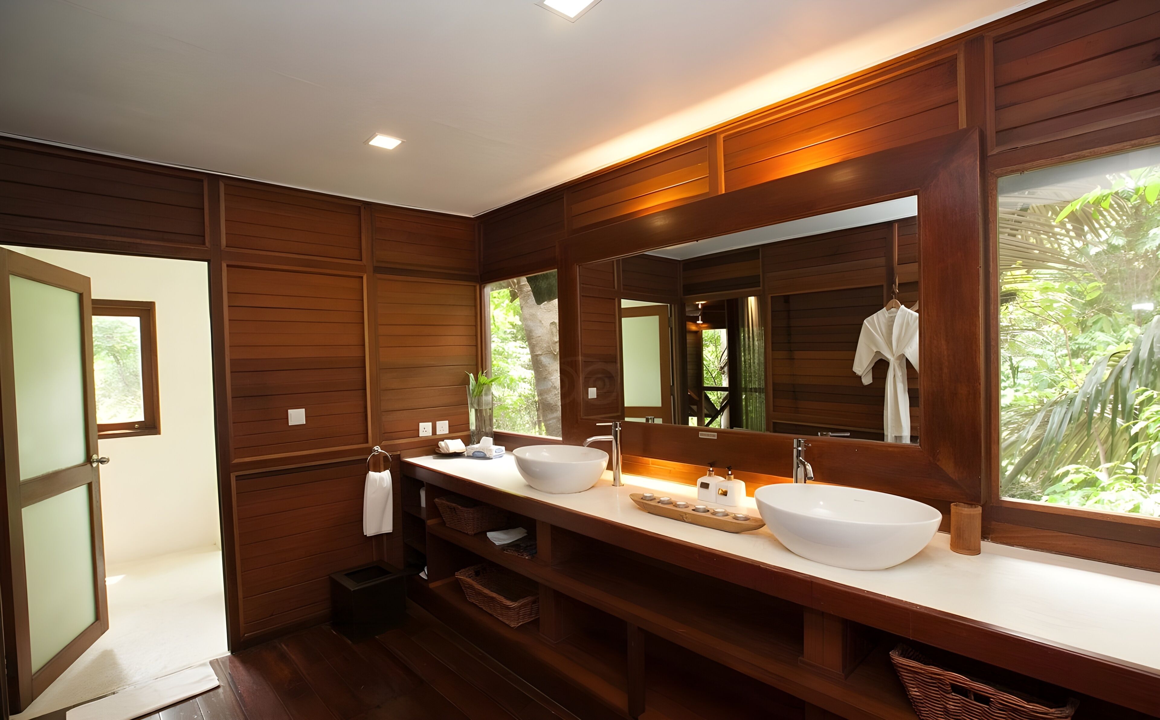 Une salle de bain moderne avec un lambris en bois, un grand miroir et un grand lavabo blanc.