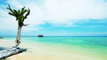 Private beach, white sand, free beach cabanas, sun-loungers