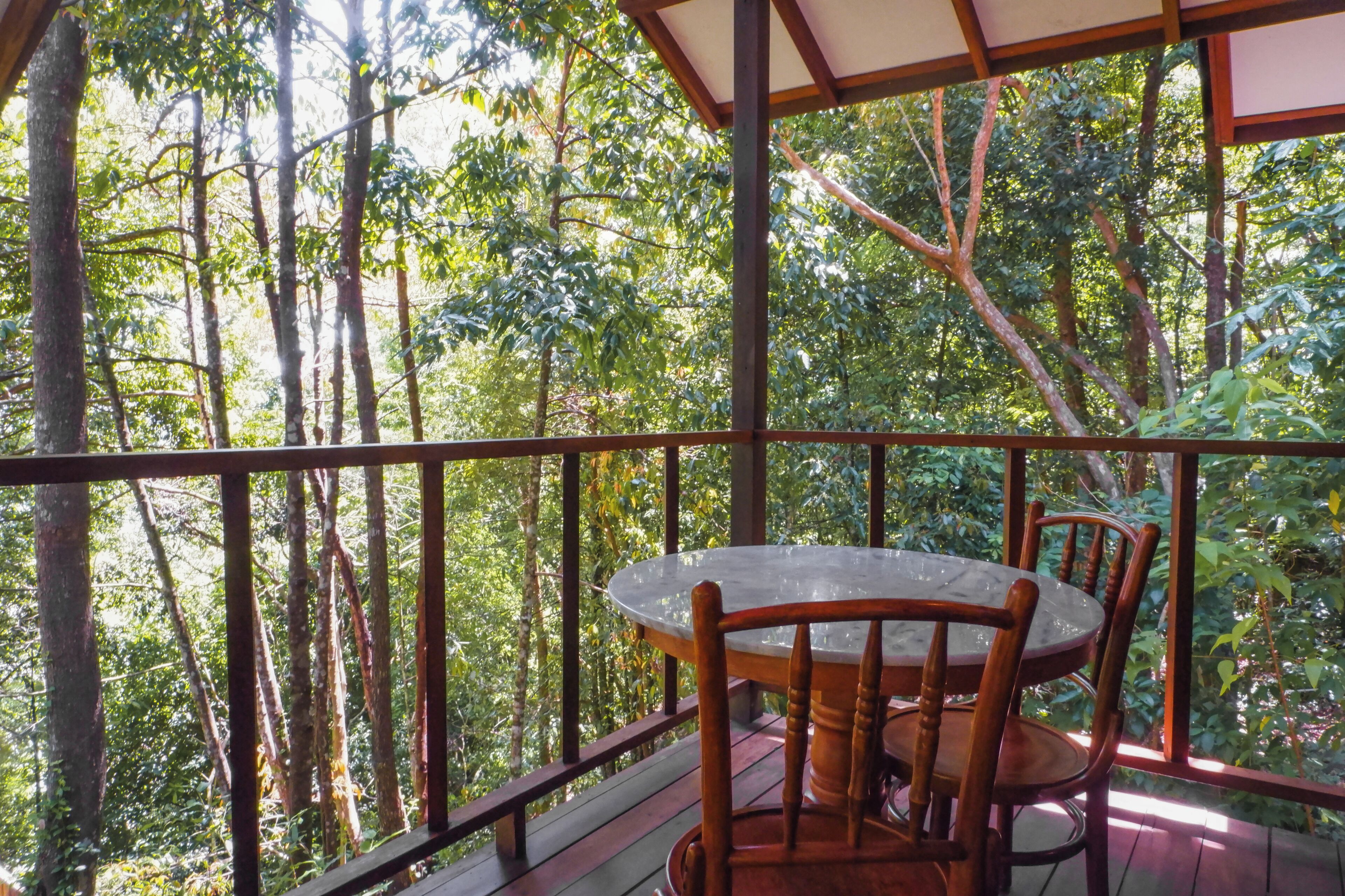 A wooden deck with a table and chairs, surrounded by a metal railing, overlooking a dense forest.