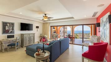 Villa Deluxe, 2 chambres, vue océan, en bord de piscine | Coin séjour