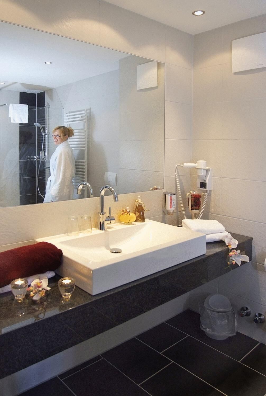 shower, hair dryer, bathrobes, towels