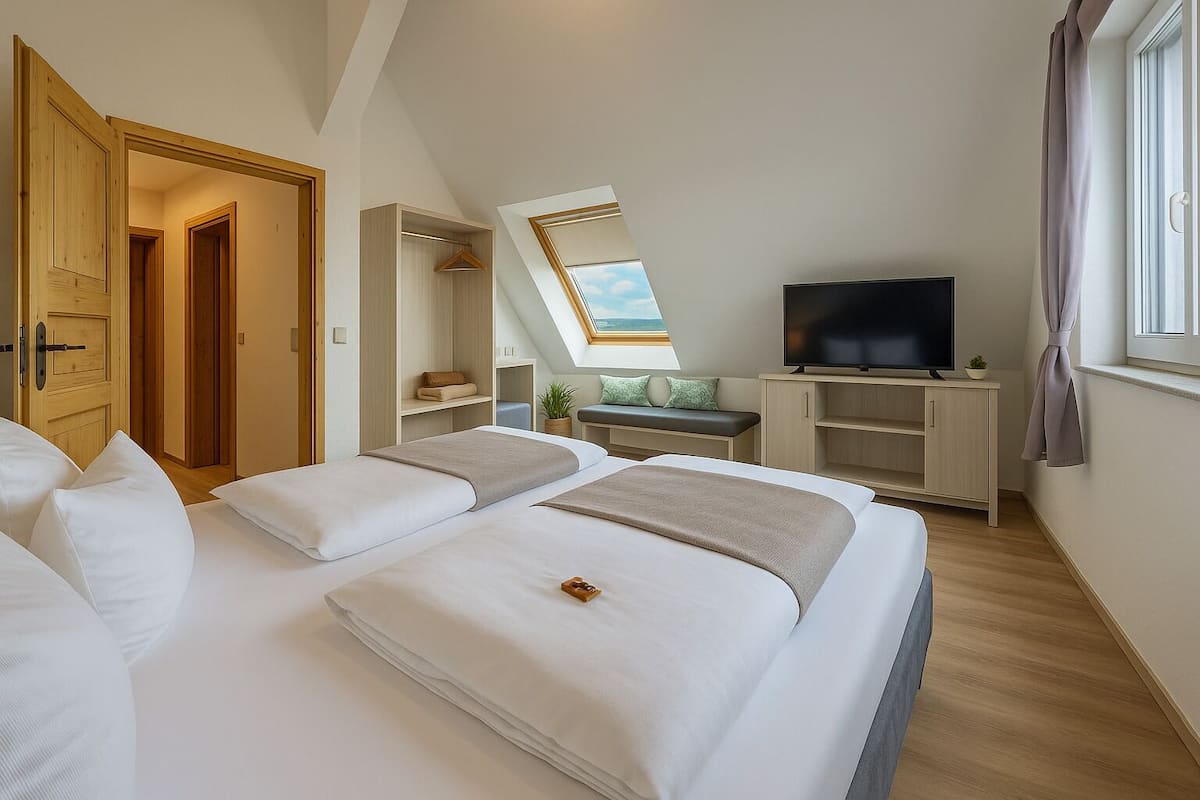 A bedroom with two beds, a TV, a desk, and a window with a view.