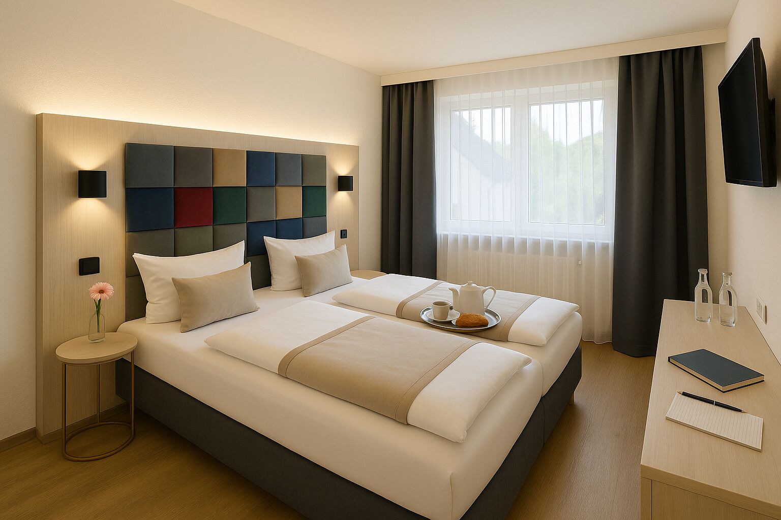 Ein modernes Hotelzimmer mit einem großen Bett, Nachttischen, einem Schreibtisch und einem großen Fenster mit Vorhängen.
