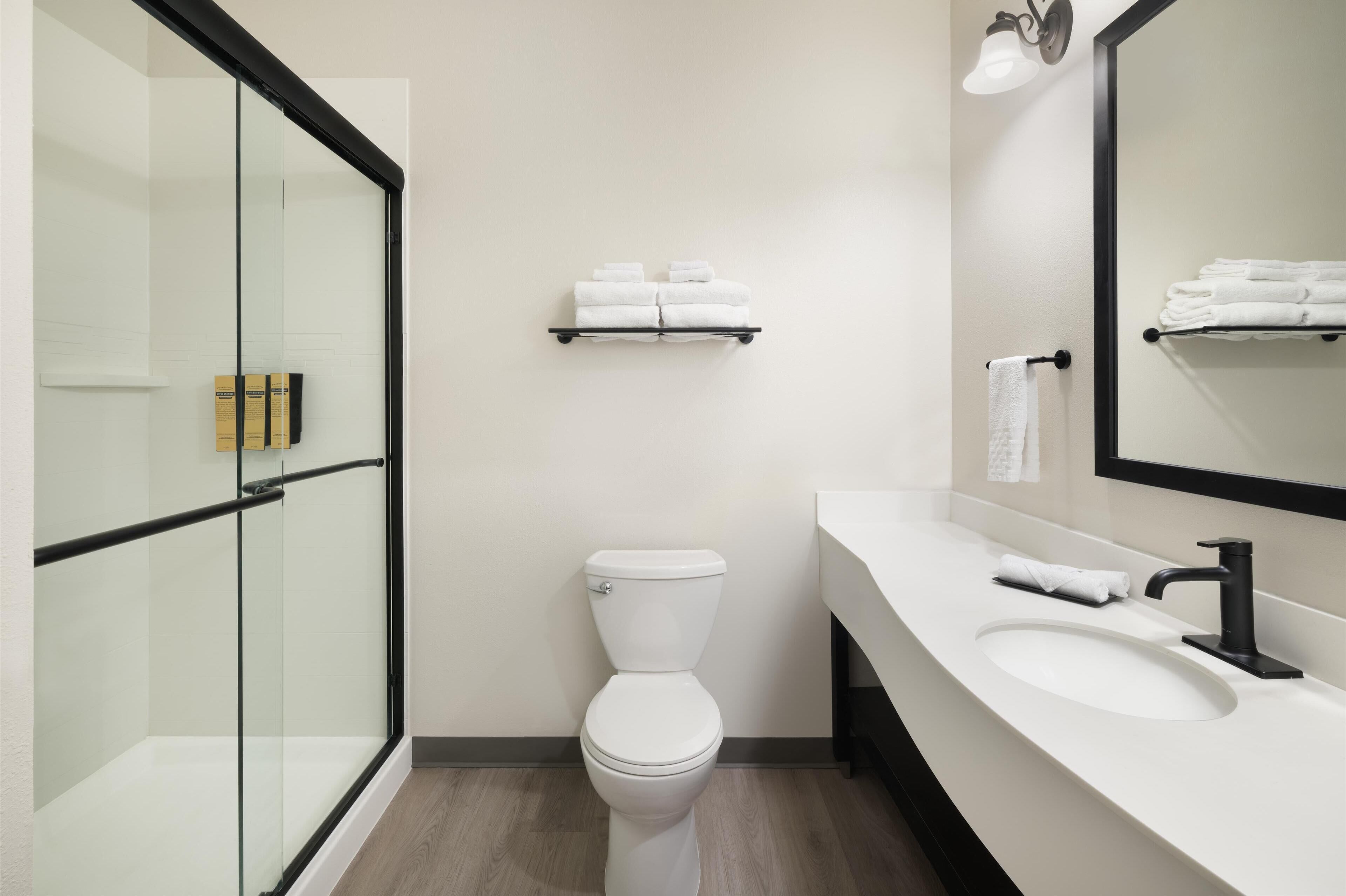 Combined shower/tub, free toiletries, hair dryer, towels