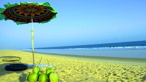 Una playa con un paraguas de colores y cocos sobre la arena.