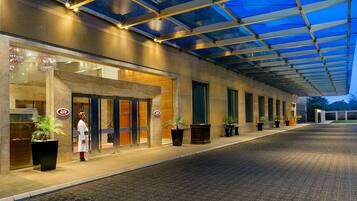 A hotel entrance with a covered walkway, potted plants, and a uniformed attendant.