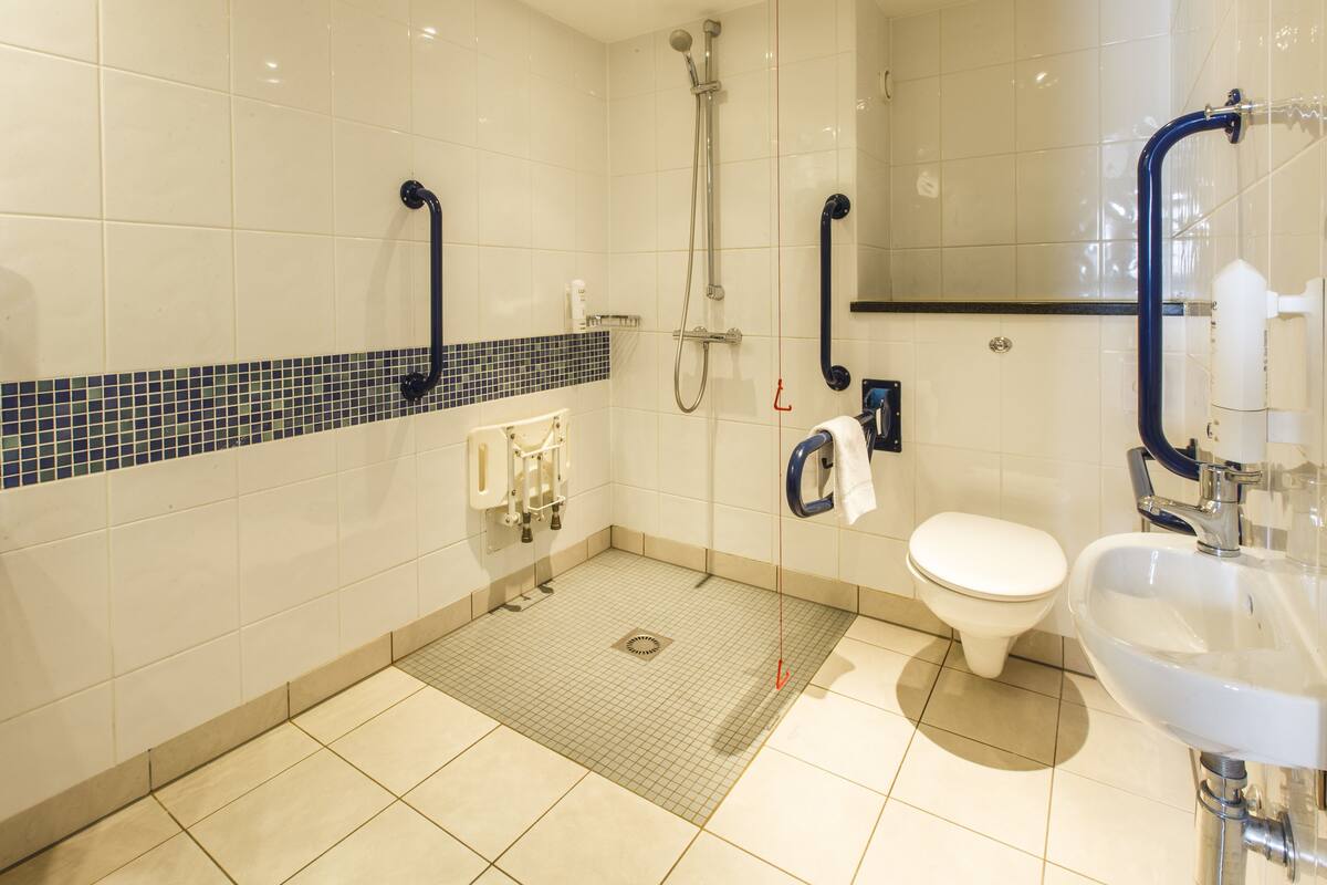 standard room, 1 double bed, accessible | bathroom | shower, hair dryer, towels