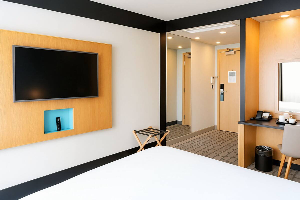 A hotel room with a bed, a TV mounted on the wall, a desk with a chair, a trash bin, and a mirror.