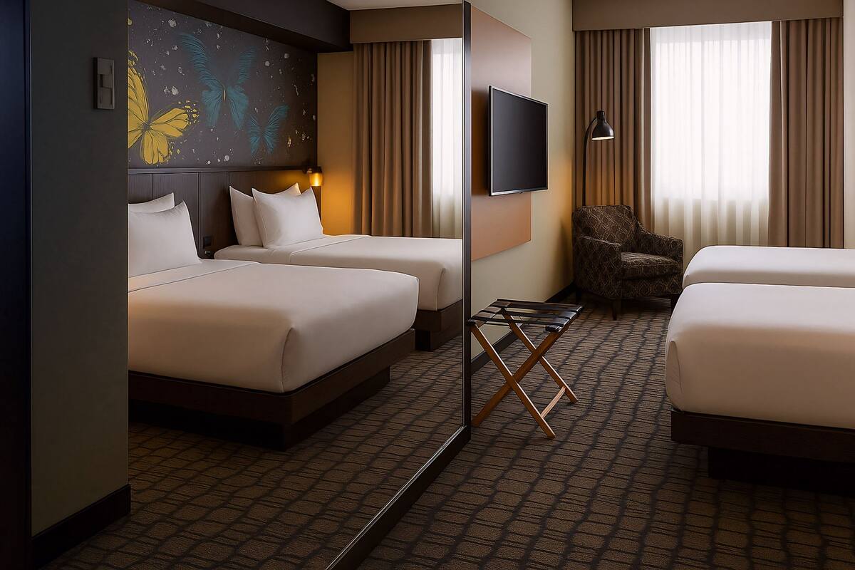 A hotel room with two beds, a TV, a chair, and a painting on the wall.