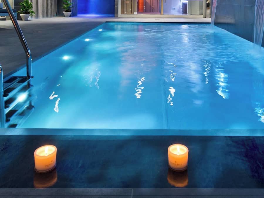 Seasonal outdoor pool, pool umbrellas, pool loungers