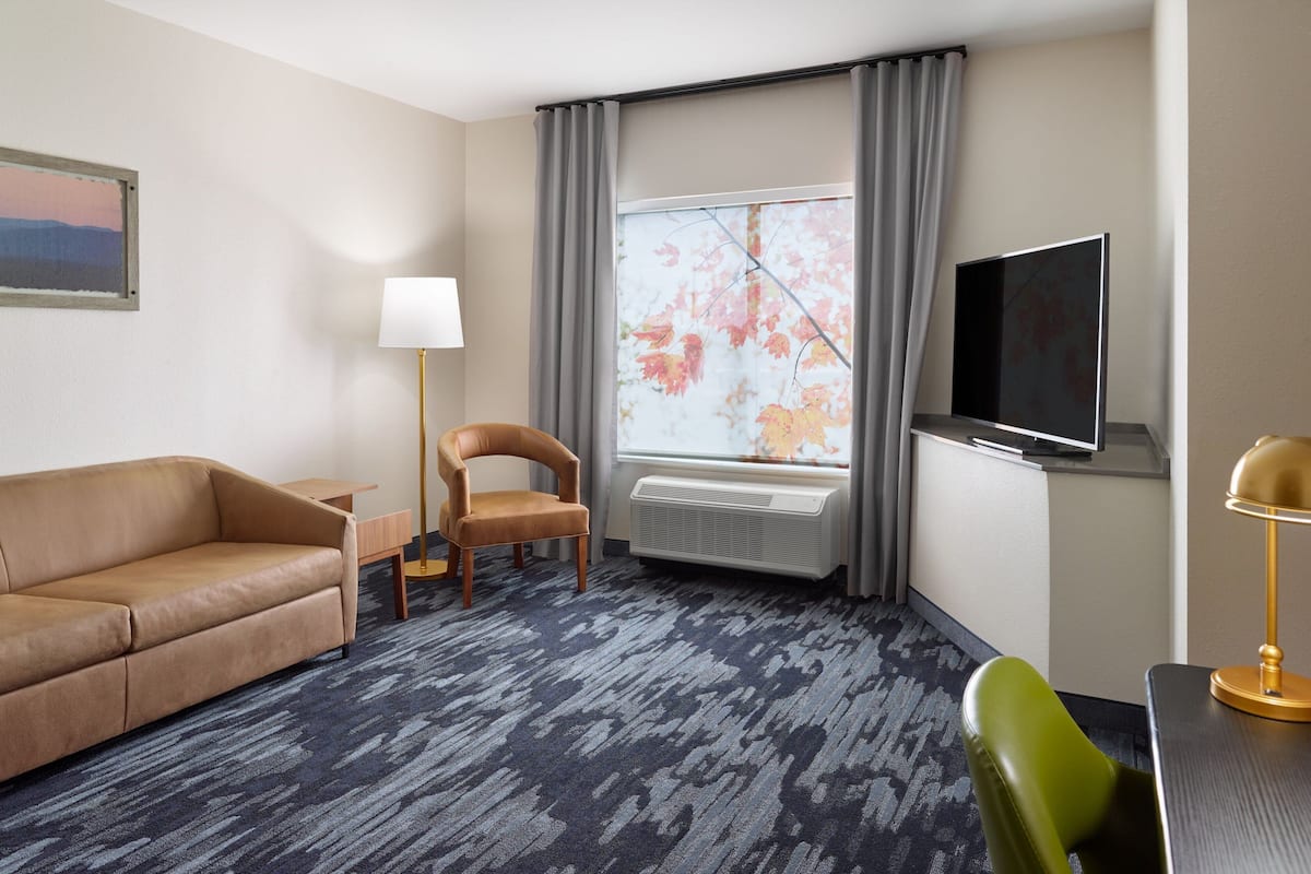 Hotelkamer met een bank, een stoel, een bureau met een lamp, een televisie en een raam met gordijnen.