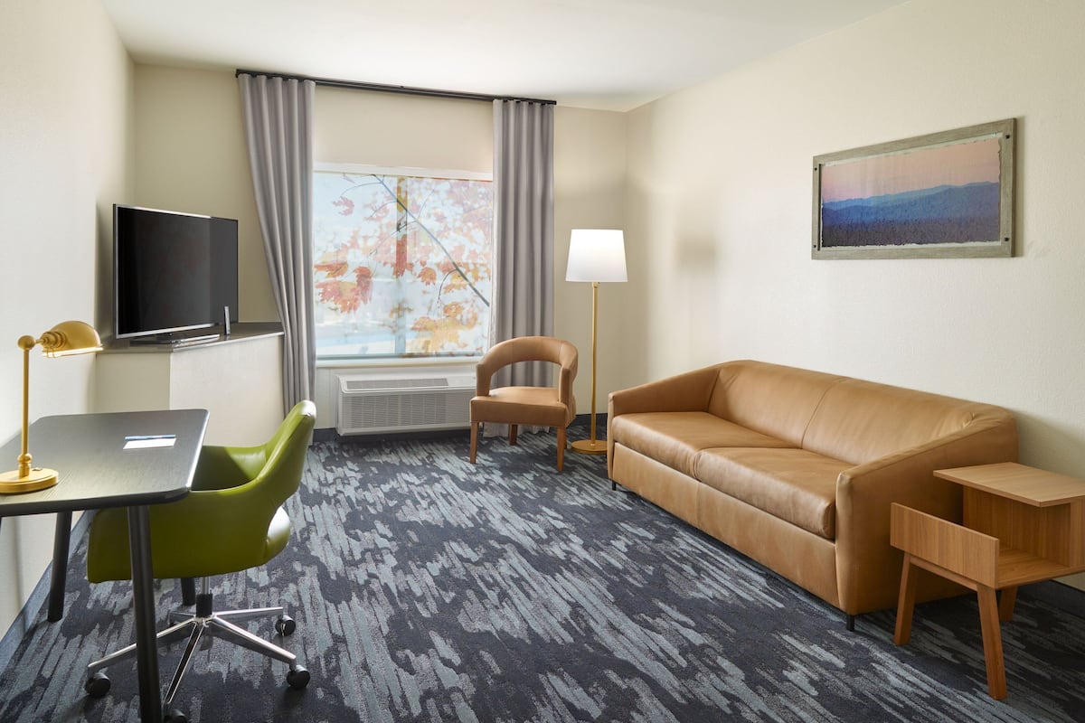 Een hotelkamer met een leren bank, een groene fauteuil, een bureau met lamp, een flatscreen-tv, een vloerlamp en een schilderij aan de muur.