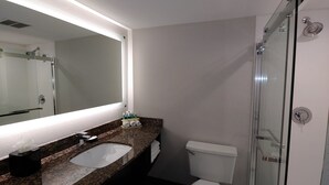 Ein modernes Badezimmer mit großem Spiegel, einer Arbeitsplatte aus Granit, Toilette und einer Duschkabine aus Glas.