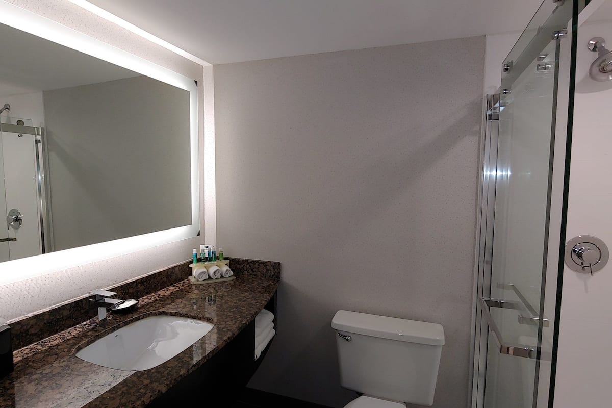 Combined shower/bathtub, free toiletries, hair dryer, towels