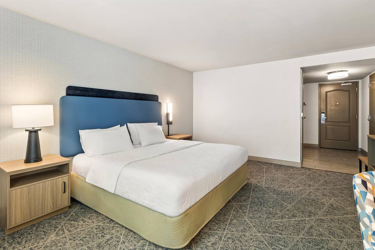 A hotel room with a large bed, a nightstand with a lamp, a wooden door, and a patterned carpet.