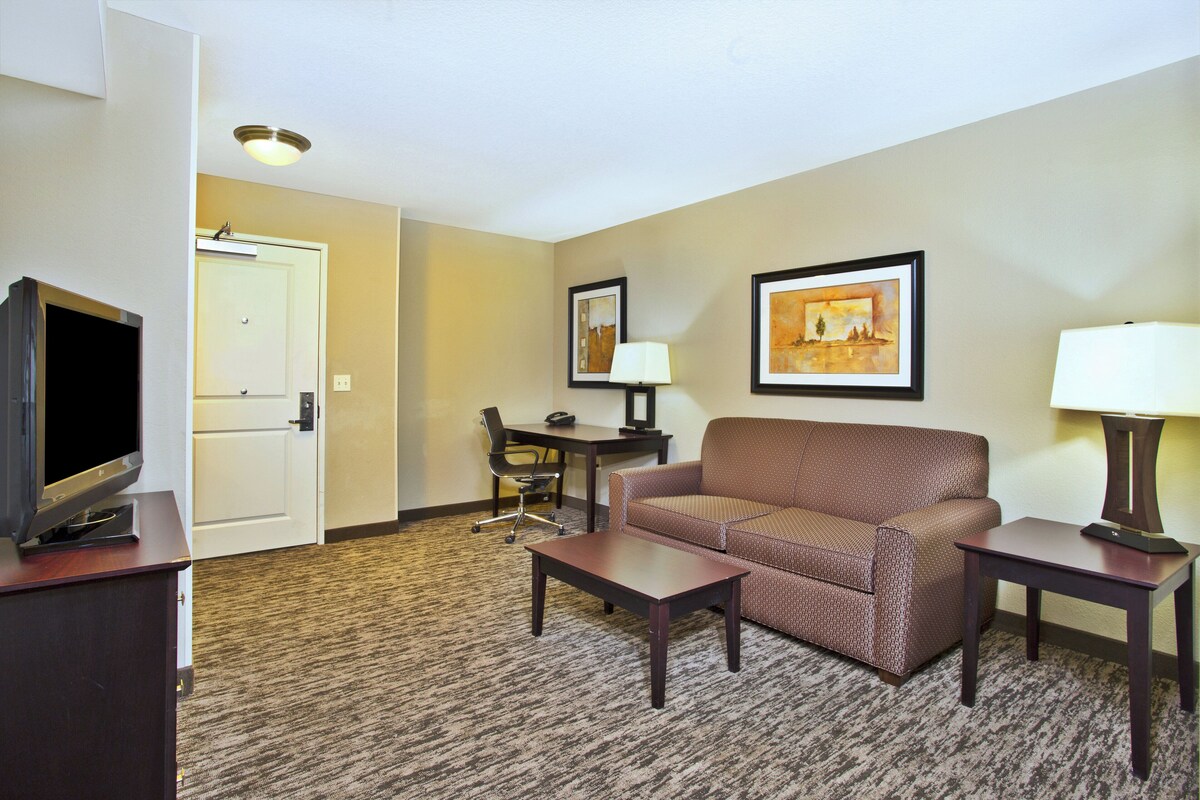 A hotel room with a sofa, a TV on a stand, a desk with a chair, and two lamps.