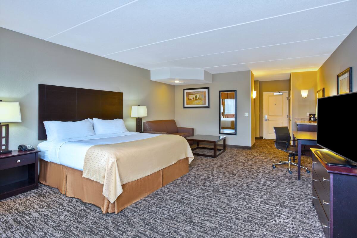A hotel room with a large bed, a desk, a chair, a television, and a lamp.