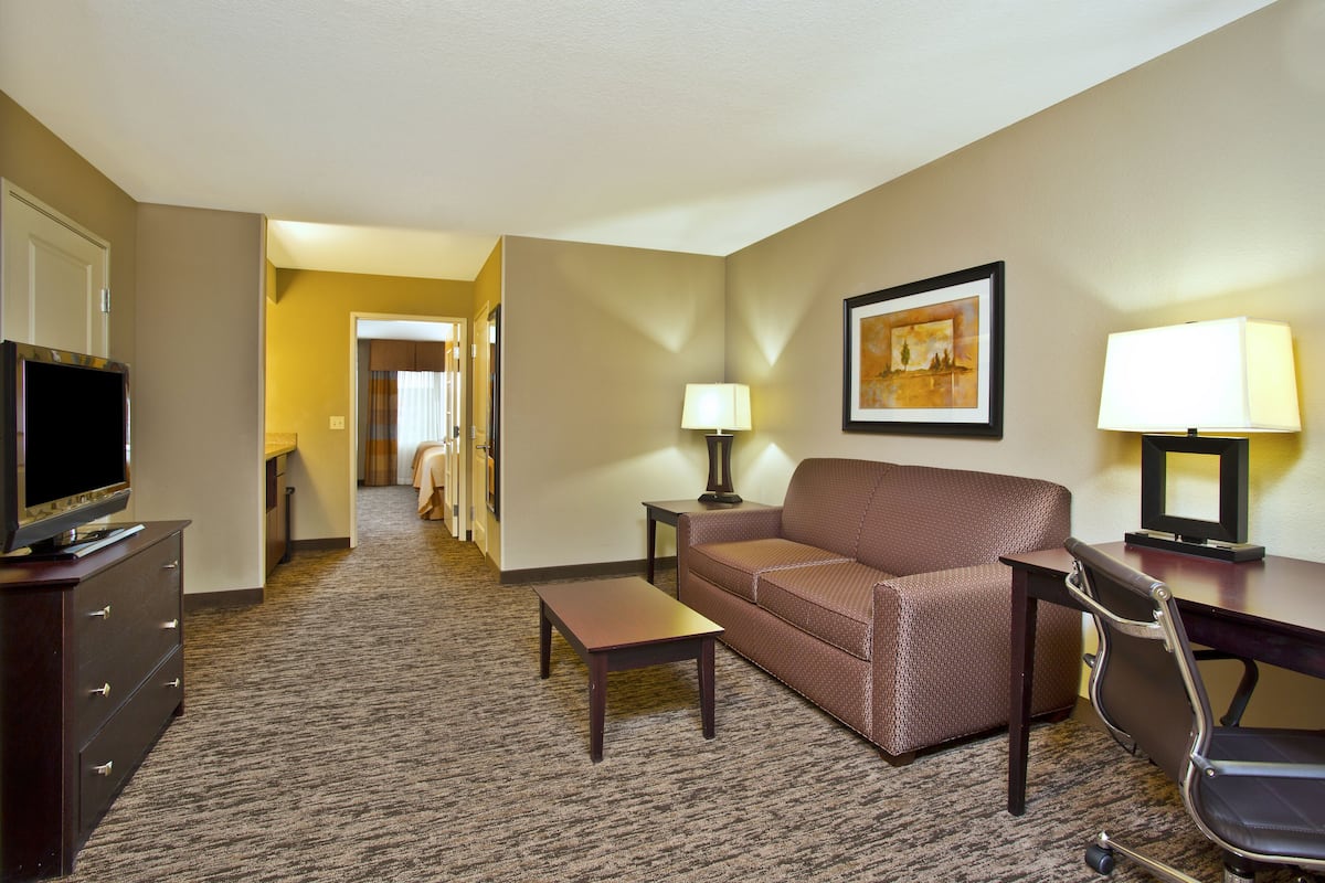 A hotel room with a sofa, a TV, a desk, and a lamp.