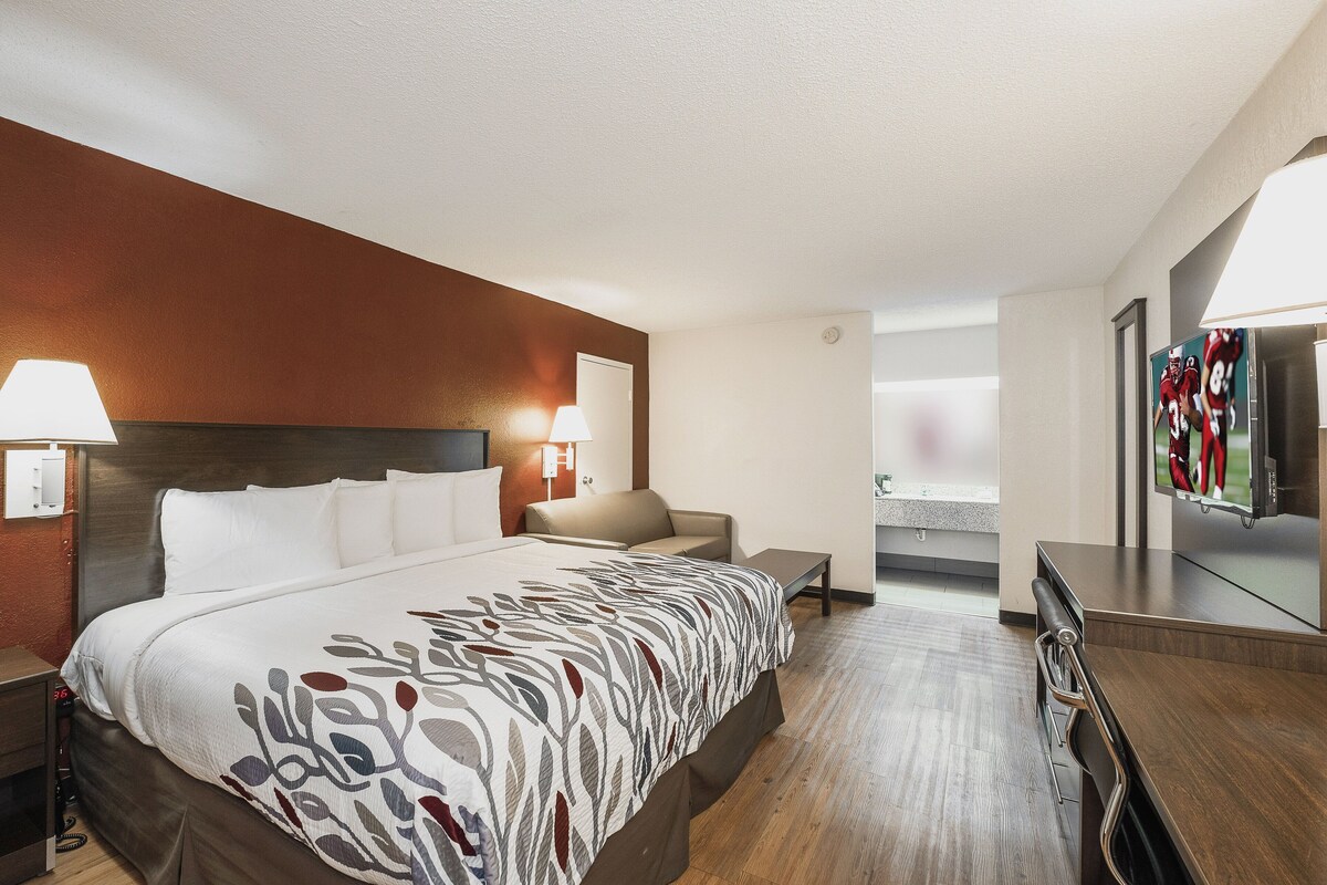 Una camera d'albergo con un letto grande, un divano, una scrivania e una televisione.