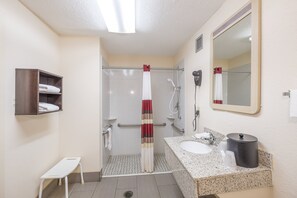 Combined shower/bathtub, free toiletries, hair dryer, slippers