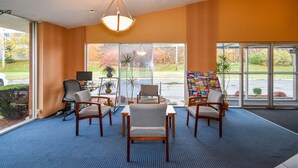 Eine geräumige Lobby mit blauem Teppich, Holzsesseln, einem großen Fenster und einem Bücherregal.
