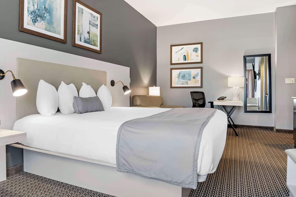 Une chambre d’hôtel avec un grand lit, des tables de chevet, un bureau, une chaise et des œuvres d’art encadrées accrochées aux murs.