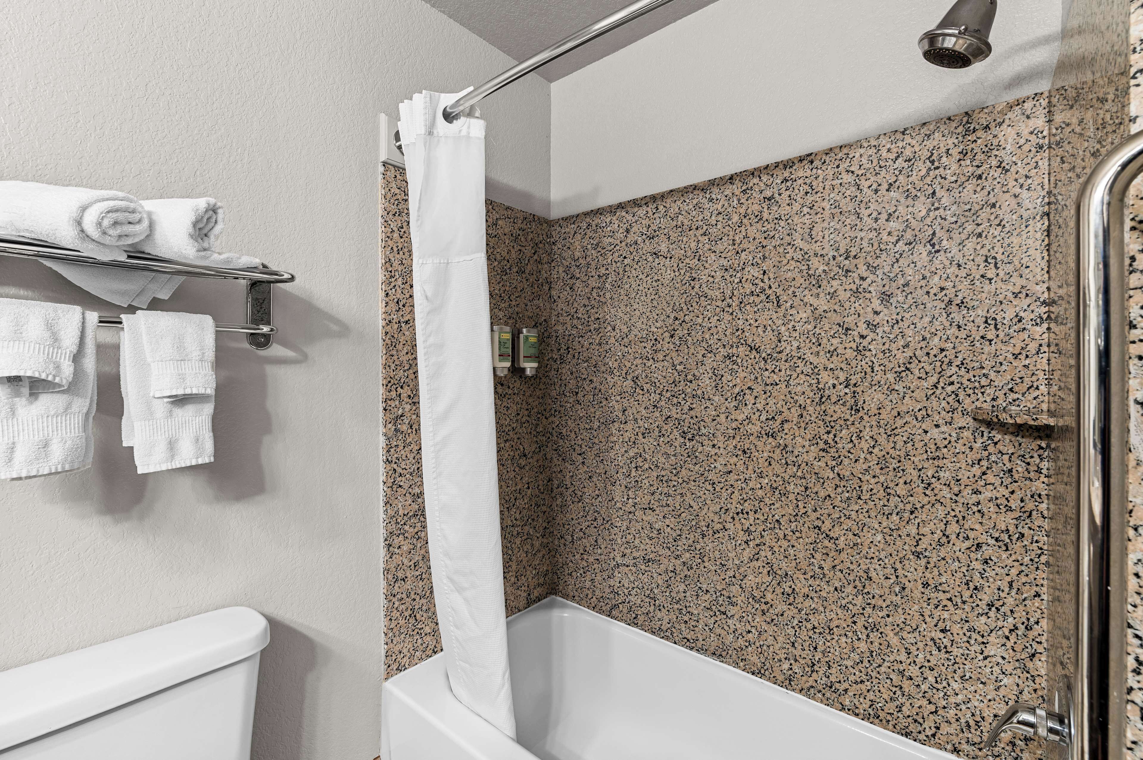 combined shower/bathtub, free toiletries, hair dryer, towels